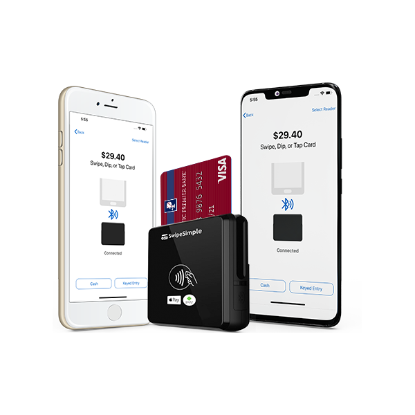 Two Smartphones with a Mobile Credit Card Processing Card Reader and Pacific Premier Bank Visa Card